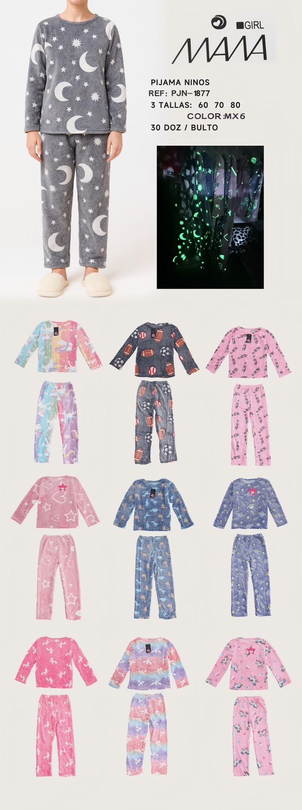 PIJAMA NIÑOS 60-70-80 FOSFORESCENTE